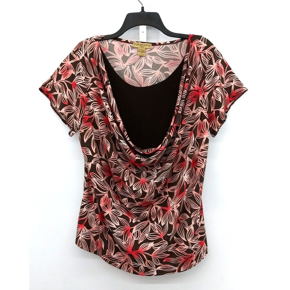 Notations Blouse Women Size 1X Brown Floral Short Sleeve Scoop Neck Pullover Top